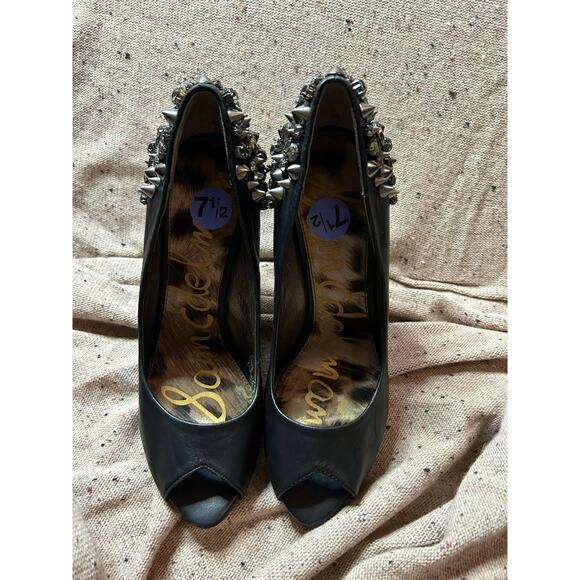 Sam Edelman Lorissa Black Leather Spiked Studded Open Toe Heels Women’s 7.5 - Picture 3 of 14